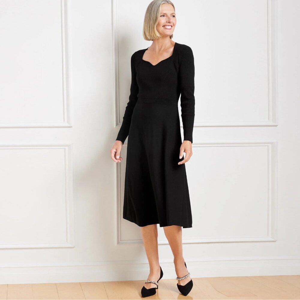 New Talbots Sweetheart Fit & Flare Sweater Black Dress Size L